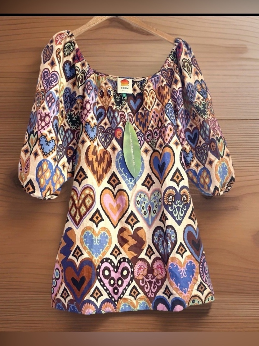 NWT FARM RIO Linen Cream Hearts Ikat Puff Sleeve Dress Sz XS $200
